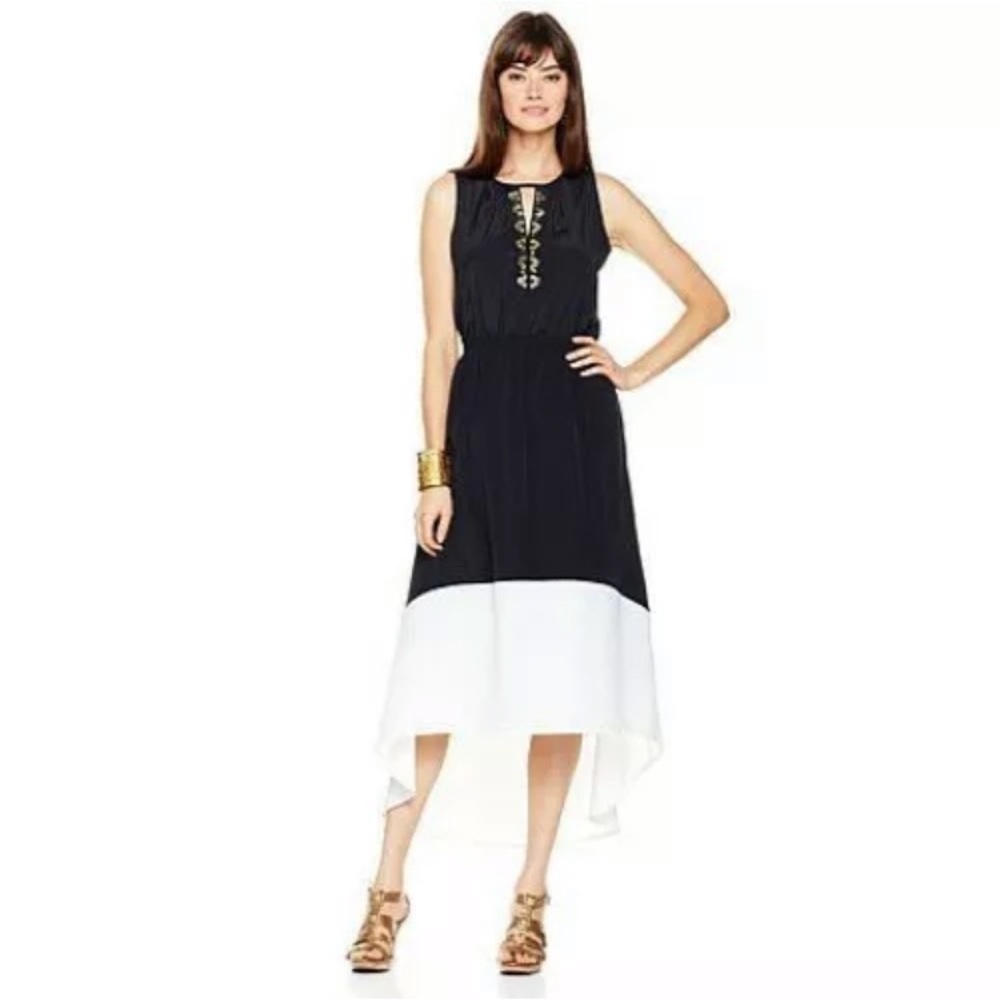 Kyle By Kyle Beaded High-Low Hem Dress Black White Large